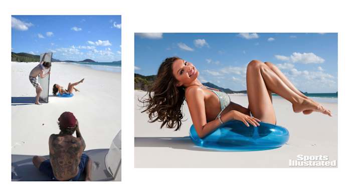 Left: Behind the scenes on set in the Hayman Islands, Australia, 2013. Right: Alyssa Miller photographed in the Hayman Islands, Australia by James Macari.